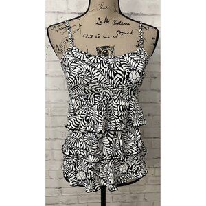 A Shore Fit Size 8 Black White Floral Tiered Ruffled‎ Tankini Top Swimsuit